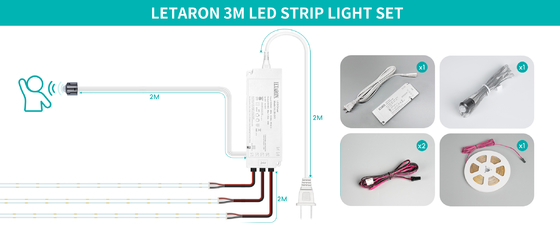 LETARON COB LED Strip Light 24V LED Tape Light,480 pcs/M LED,Super Bright High Lumen 6000K Bianco 3m, Dimmabile con 3M Tape,30W UL Power Supply,Touch SWITH per camera da letto,Casa,Cucina DIY