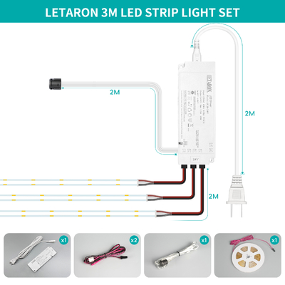 LETARON COB LED Strip Light 24V LED Tape Light,480 pcs/M LED,Super Bright High Lumen 6000K Bianco 3m, Dimmabile con 3M Tape,30W UL Power Supply,Touch SWITH per camera da letto,Casa,Cucina DIY