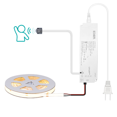 LETARON COB LED Strip Light 24V LED Tape Light,480 pcs/M LED,Super Bright High Lumen 3000K Warm White 5m, Dimmable con 5M Tape,60W UL Power Supply,PIR SWITH per camera da letto,Casa,Cucina DIY